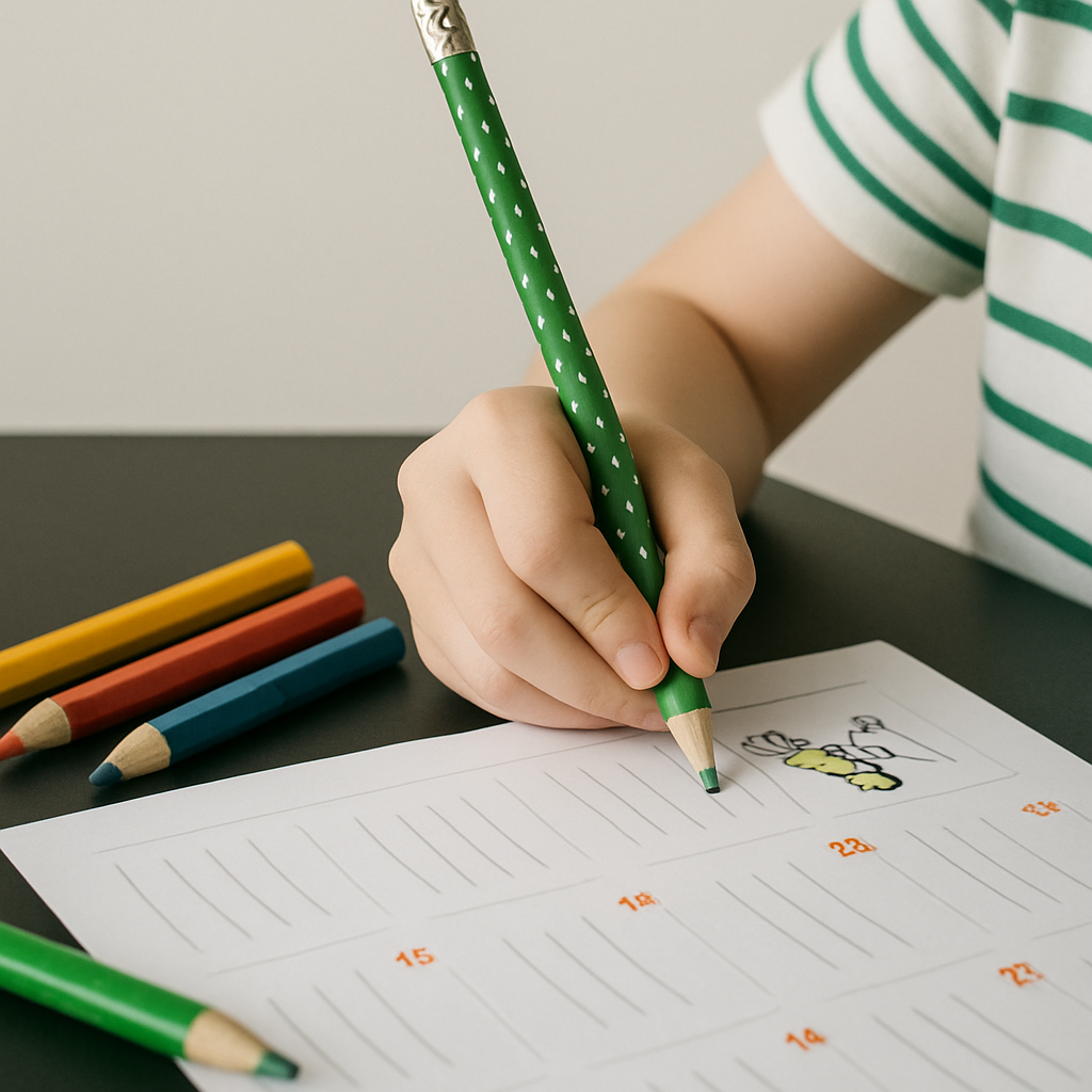 Child writing with a pencil on a worksheet